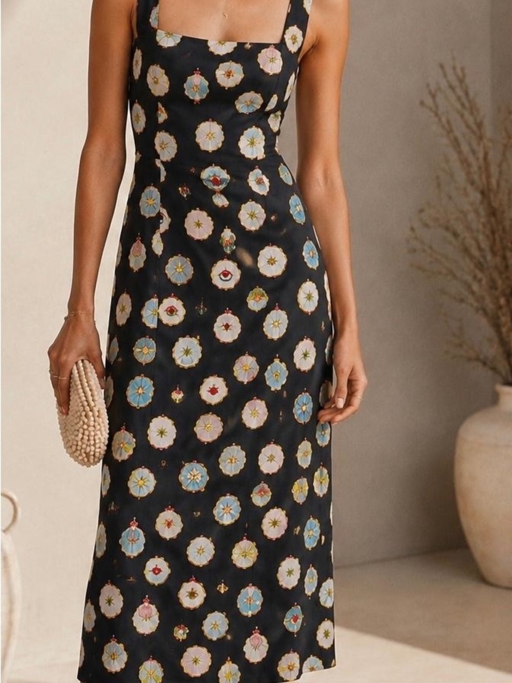 Maeve Black Midi Dress with Blue, Pink & Cream Floral Medallions preloved